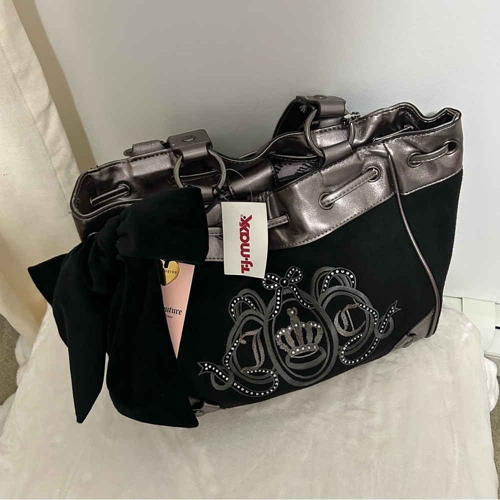NWT Juicy Couture Black Velour Daydreamer Bag Metallic Pewter Trim - Picture 4 of 7